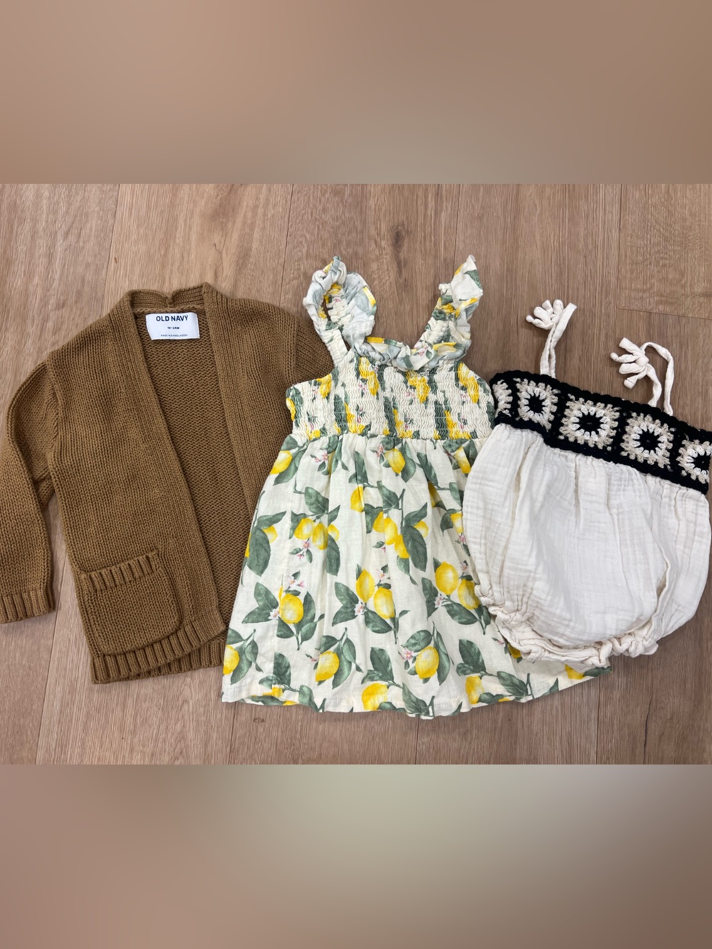 Old Navy Brown Cardigan with Lemon-Print Dress and Cream Crochet Romper Set